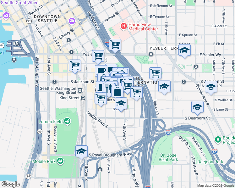 map of restaurants, bars, coffee shops, grocery stores, and more near 506 Maynard Avenue South in Seattle