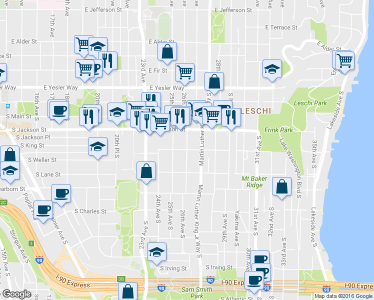 map of restaurants, bars, coffee shops, grocery stores, and more near S King St & 26th Ave S in Seattle