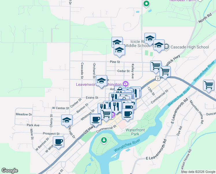 map of restaurants, bars, coffee shops, grocery stores, and more near 408 Ash Street in Leavenworth
