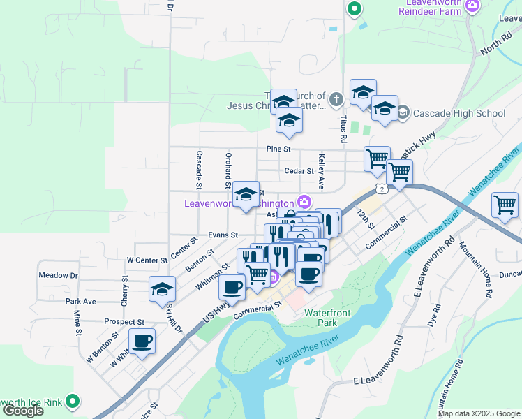 map of restaurants, bars, coffee shops, grocery stores, and more near 408 Ash Street in Leavenworth
