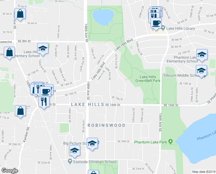 map of restaurants, bars, coffee shops, grocery stores, and more near 1404 150th Avenue Southeast in Bellevue