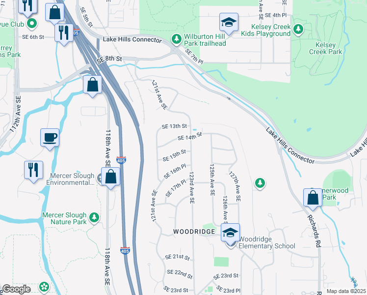map of restaurants, bars, coffee shops, grocery stores, and more near 12146 Southeast 15th Street in Bellevue