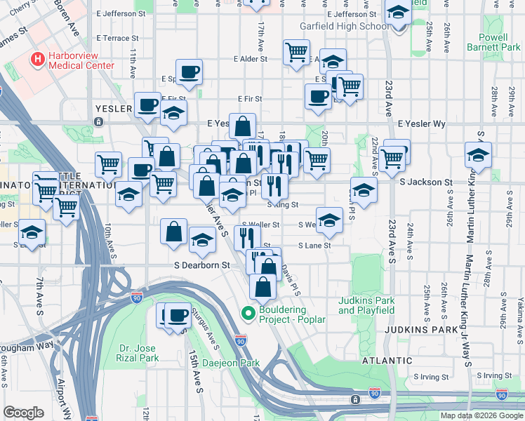 map of restaurants, bars, coffee shops, grocery stores, and more near 1635 South King Street in Seattle