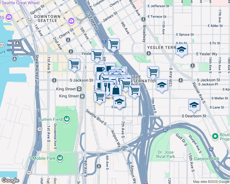 map of restaurants, bars, coffee shops, grocery stores, and more near 510b Maynard Avenue South in Seattle
