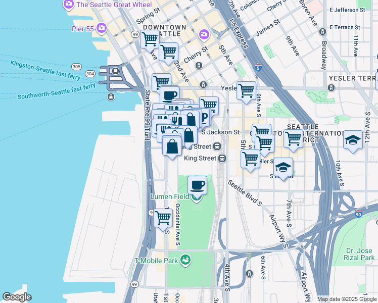 map of restaurants, bars, coffee shops, grocery stores, and more near 135 South King Street in Seattle