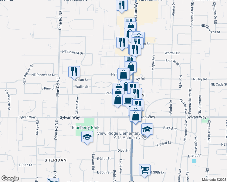 map of restaurants, bars, coffee shops, grocery stores, and more near 944 Pearl Street in Bremerton