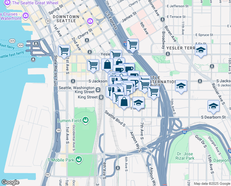map of restaurants, bars, coffee shops, grocery stores, and more near 504 5th Avenue South in Seattle