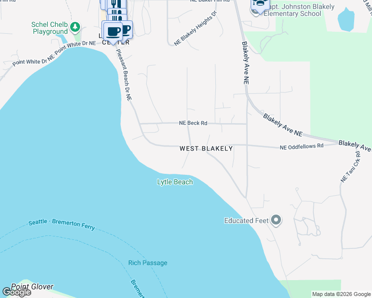 map of restaurants, bars, coffee shops, grocery stores, and more near 3855 Lytle Road Northeast in Bainbridge Island
