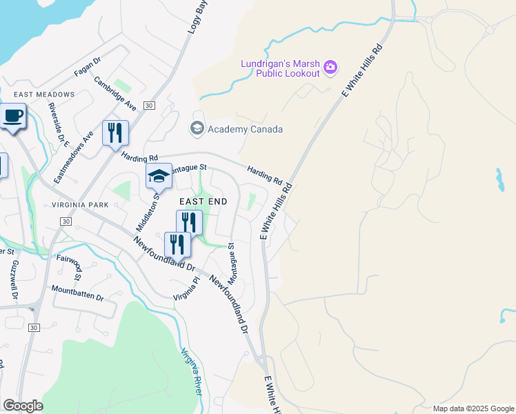 map of restaurants, bars, coffee shops, grocery stores, and more near 13 Watson Crescent in St. John's