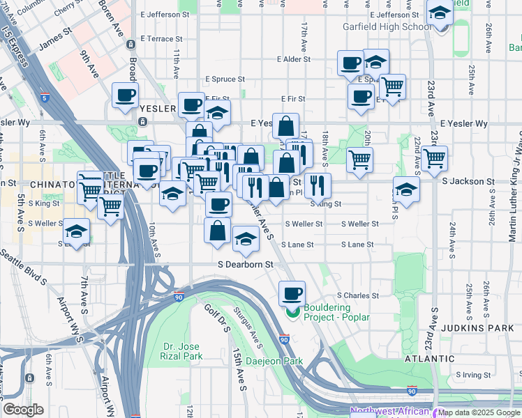 map of restaurants, bars, coffee shops, grocery stores, and more near 502 Rainier Avenue South in Seattle
