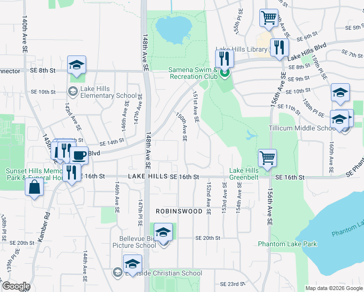 map of restaurants, bars, coffee shops, grocery stores, and more near 1261 150th Avenue Southeast in Bellevue