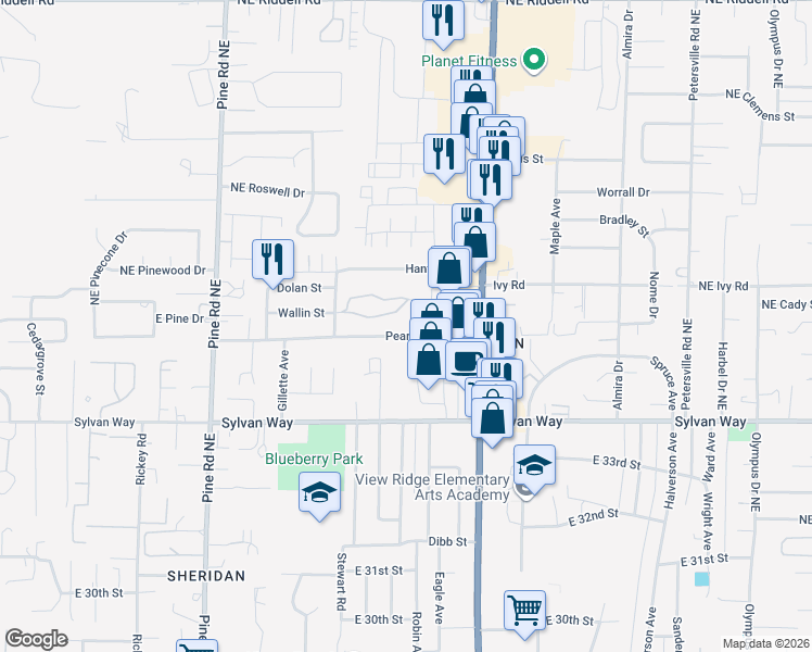 map of restaurants, bars, coffee shops, grocery stores, and more near 944 Pearl Street in Bremerton
