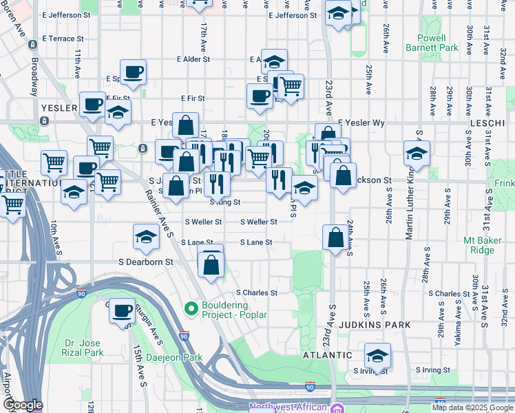 map of restaurants, bars, coffee shops, grocery stores, and more near 1847 South King Street in Seattle