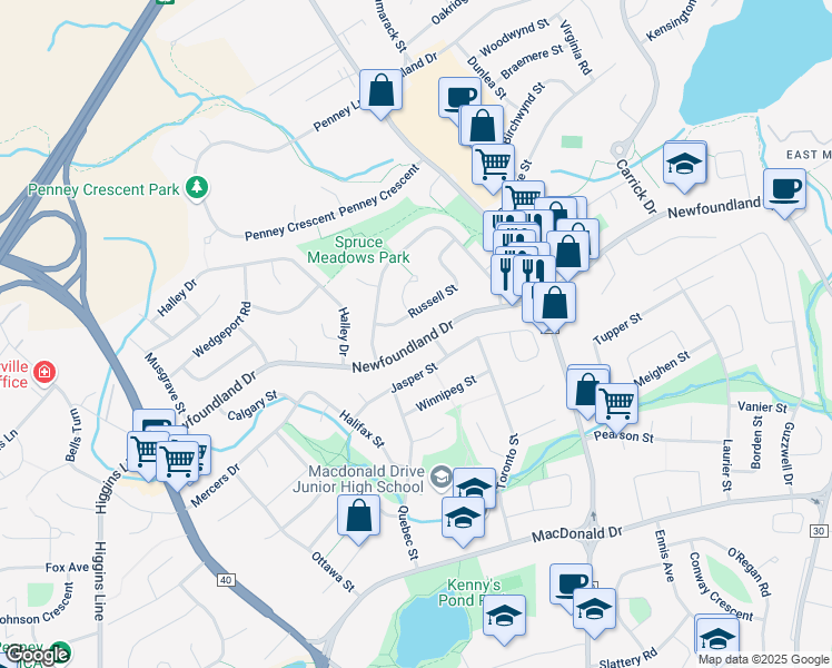 map of restaurants, bars, coffee shops, grocery stores, and more near 482 Newfoundland Drive in St. John's