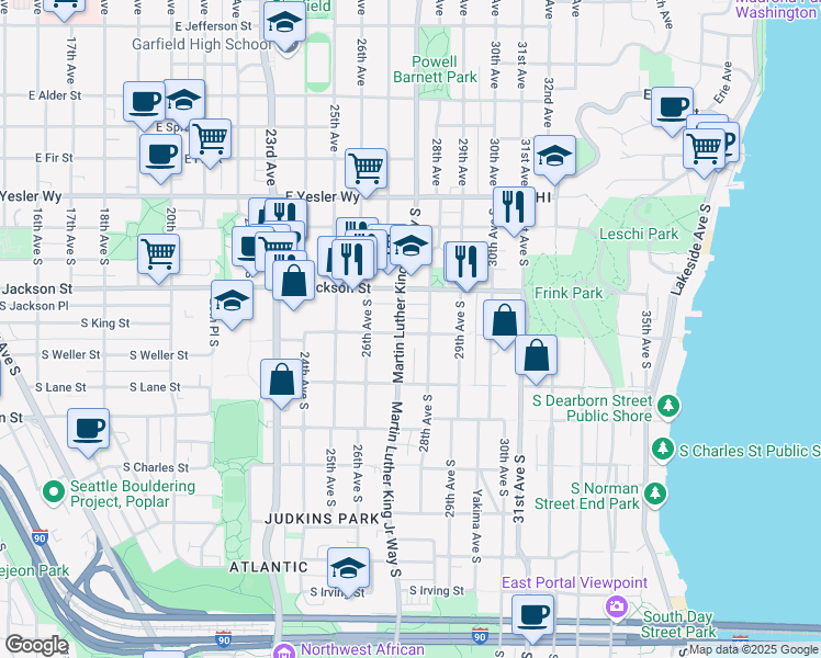 map of restaurants, bars, coffee shops, grocery stores, and more near 2708 South King Street in Seattle