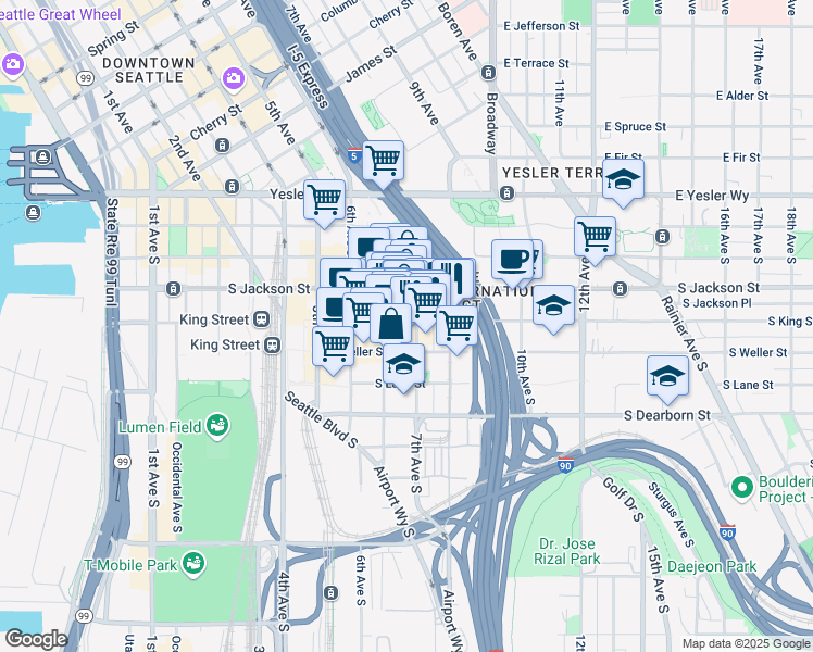 map of restaurants, bars, coffee shops, grocery stores, and more near 509 7th Avenue South in Seattle