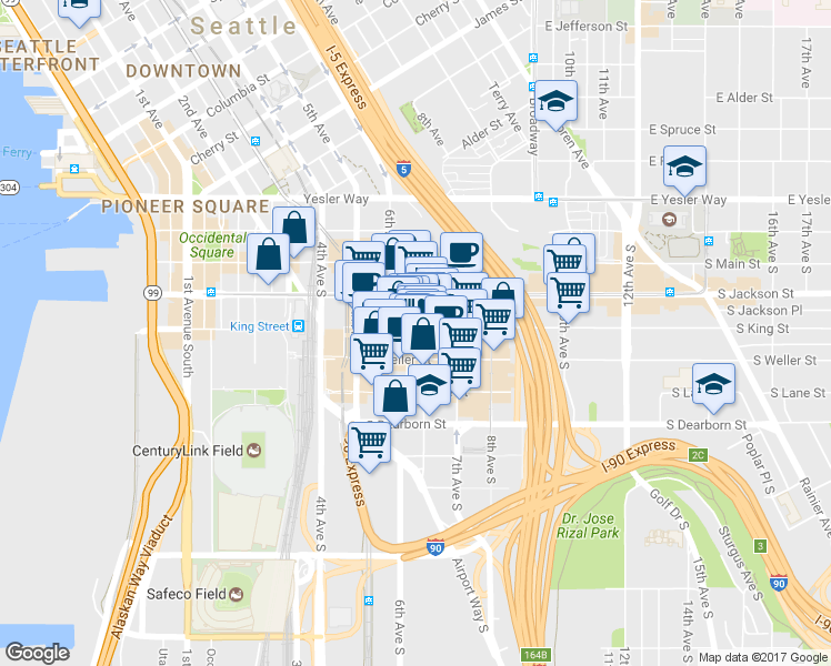 map of restaurants, bars, coffee shops, grocery stores, and more near 510b Maynard Avenue South in Seattle
