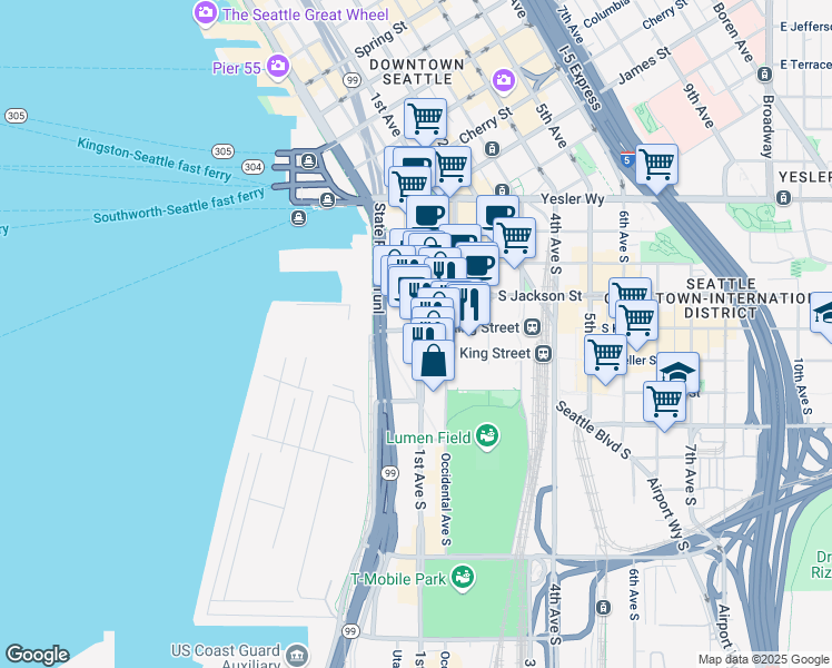 map of restaurants, bars, coffee shops, grocery stores, and more near 201 South King Street in Seattle
