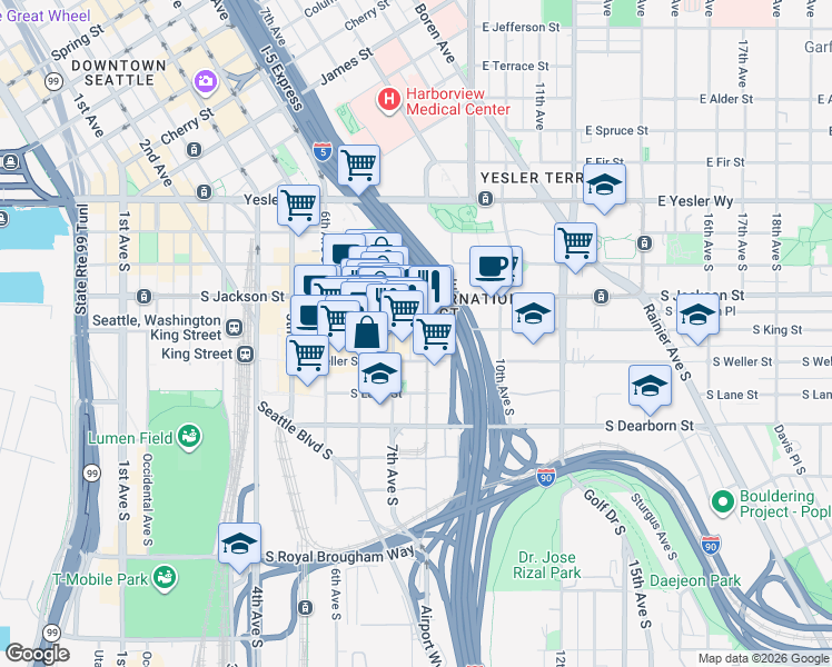 map of restaurants, bars, coffee shops, grocery stores, and more near 719 South King Street in Seattle