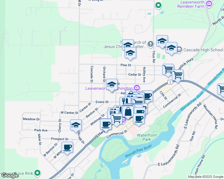 map of restaurants, bars, coffee shops, grocery stores, and more near 225 Central Avenue in Leavenworth