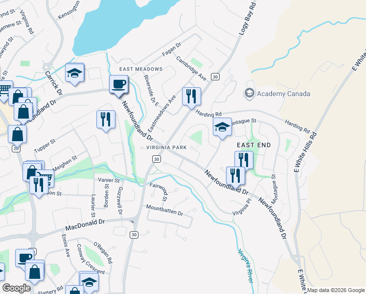 map of restaurants, bars, coffee shops, grocery stores, and more near 296 Newfoundland Drive in St. John's