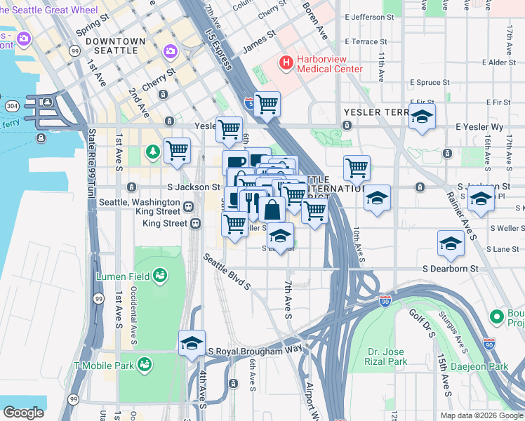 map of restaurants, bars, coffee shops, grocery stores, and more near 621 South King Street in Seattle