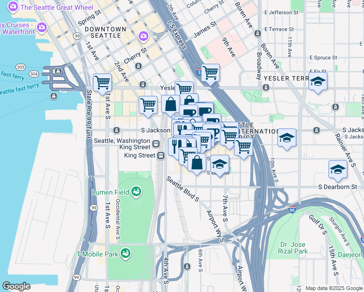 map of restaurants, bars, coffee shops, grocery stores, and more near 604 5th Avenue South in Seattle
