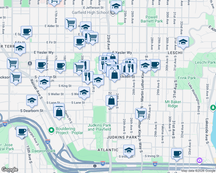 map of restaurants, bars, coffee shops, grocery stores, and more near 425 23rd Avenue South in Seattle