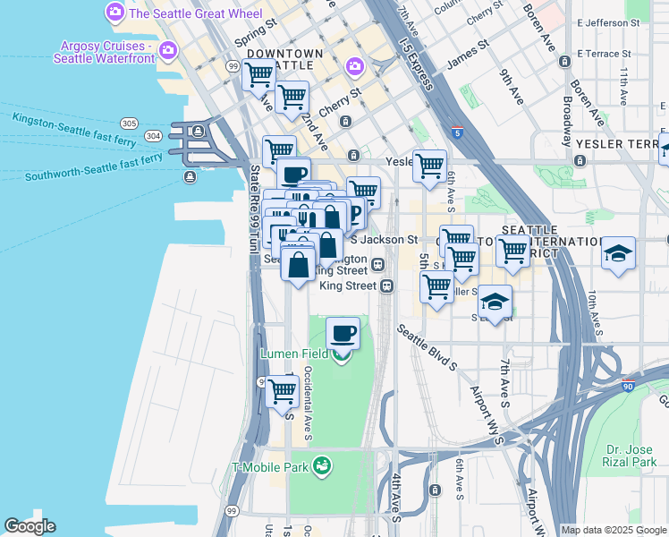 map of restaurants, bars, coffee shops, grocery stores, and more near 201 South King Street in Seattle