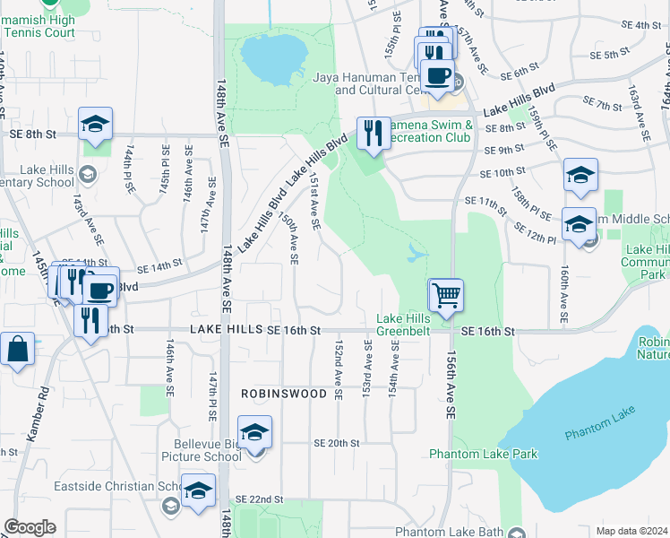 map of restaurants, bars, coffee shops, grocery stores, and more near 1241 151st Avenue Southeast in Bellevue