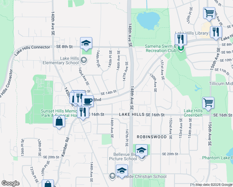 map of restaurants, bars, coffee shops, grocery stores, and more near 14300-14598 Lake Hills Boulevard in Bellevue