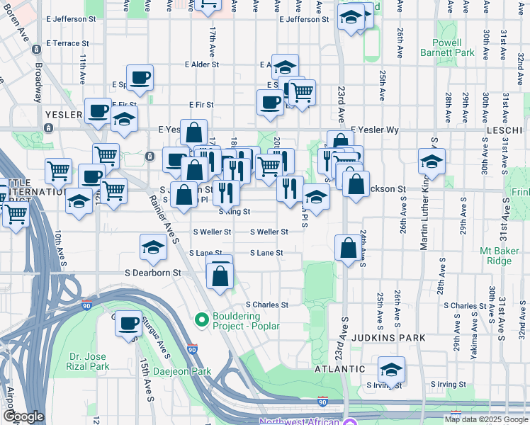 map of restaurants, bars, coffee shops, grocery stores, and more near 1847 South King Street in Seattle