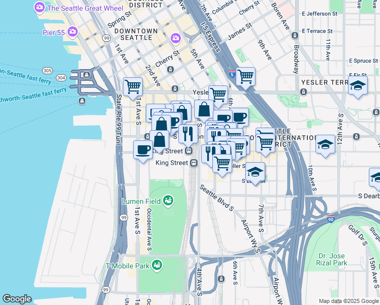 map of restaurants, bars, coffee shops, grocery stores, and more near in Seattle