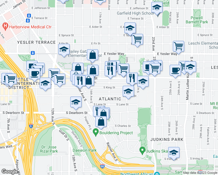 map of restaurants, bars, coffee shops, grocery stores, and more near 18th Ave S & S King St in Seattle