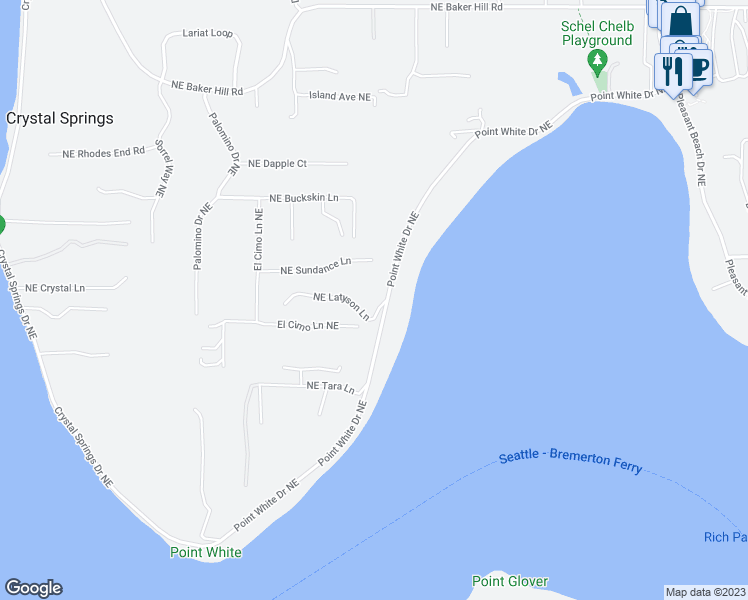 map of restaurants, bars, coffee shops, grocery stores, and more near 6688 Northeast Latyson Lane in Bainbridge Island