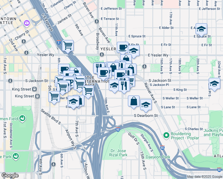 map of restaurants, bars, coffee shops, grocery stores, and more near 1013 South King Street in Seattle