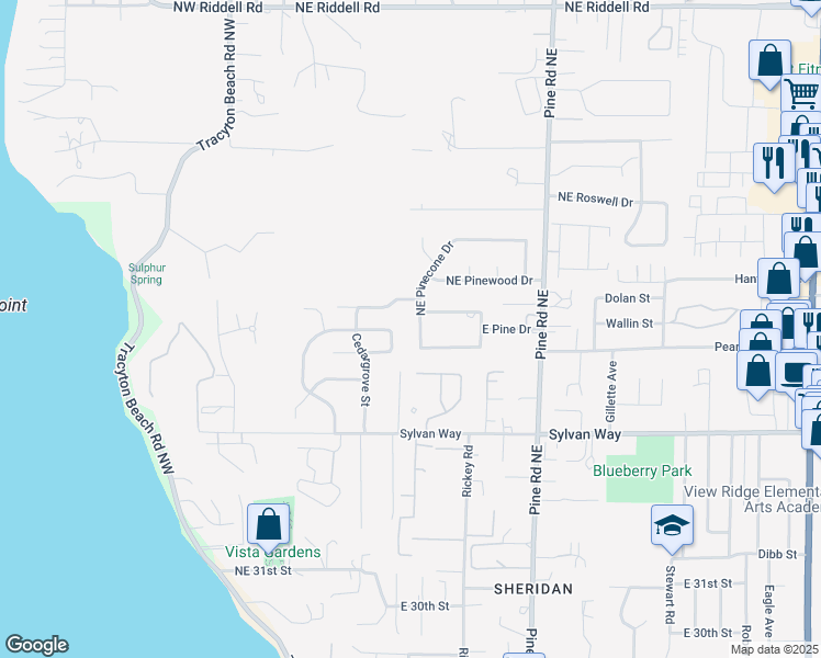 map of restaurants, bars, coffee shops, grocery stores, and more near 3608 Northeast Pinecone Drive in Bremerton