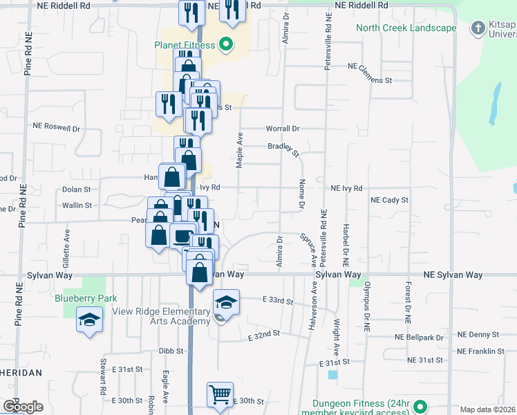 map of restaurants, bars, coffee shops, grocery stores, and more near 3511 Almira Drive in Bremerton