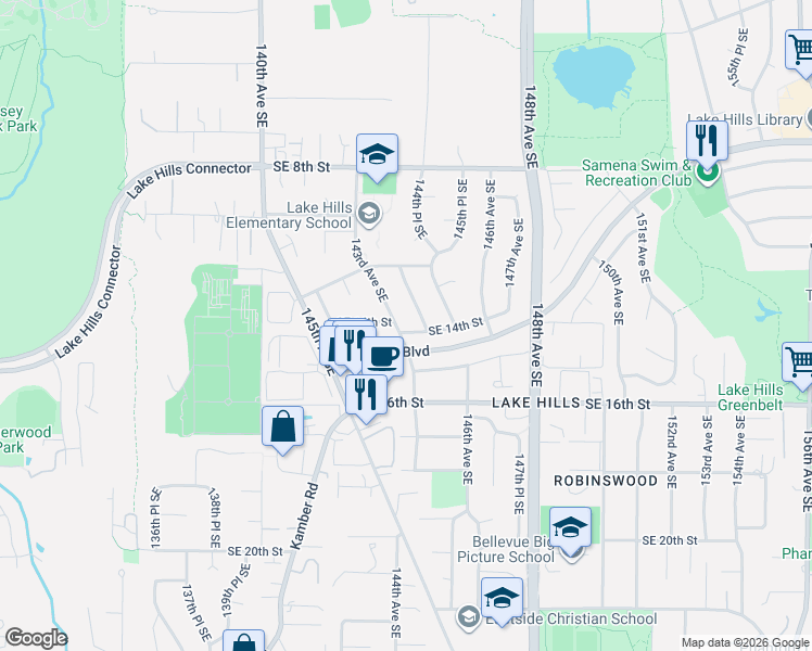 map of restaurants, bars, coffee shops, grocery stores, and more near 14304 Southeast 14th Street in Bellevue
