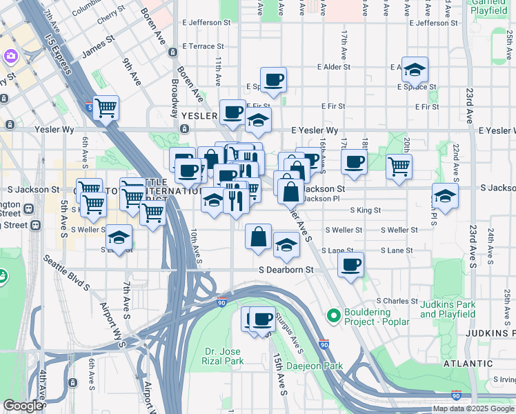 map of restaurants, bars, coffee shops, grocery stores, and more near 1234 South King Street in Seattle