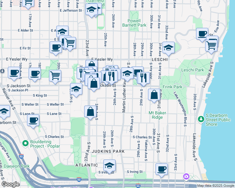 map of restaurants, bars, coffee shops, grocery stores, and more near 2615 South King Street in Seattle