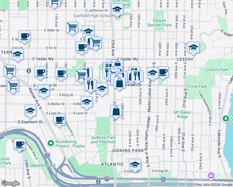 map of restaurants, bars, coffee shops, grocery stores, and more near 2208 S King St in Seattle