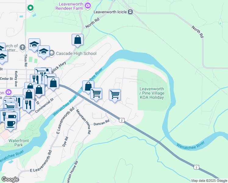 map of restaurants, bars, coffee shops, grocery stores, and more near 100 Ward Strasse in Leavenworth