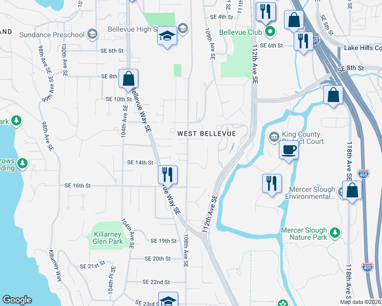 map of restaurants, bars, coffee shops, grocery stores, and more near 1224 108th Avenue Southeast in Bellevue