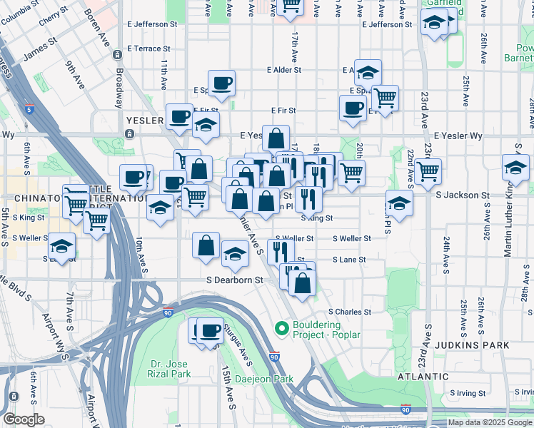 map of restaurants, bars, coffee shops, grocery stores, and more near 1432 South King Street in Seattle