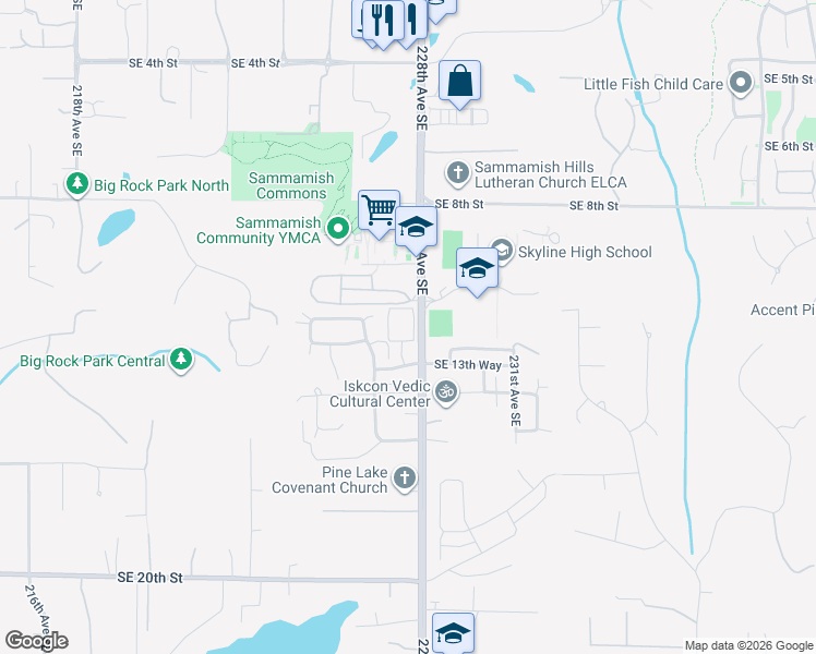 map of restaurants, bars, coffee shops, grocery stores, and more near 1322 227th Place Southeast in Sammamish