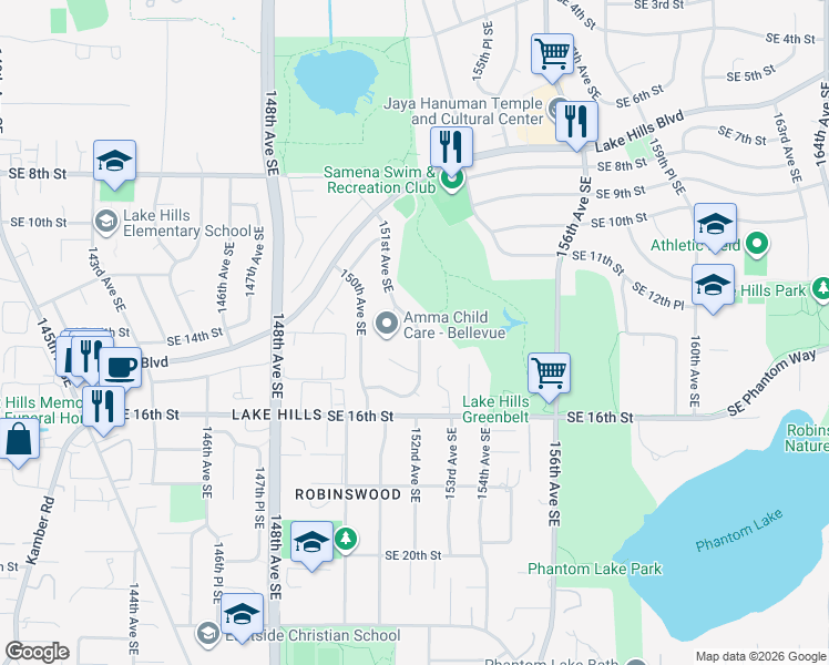 map of restaurants, bars, coffee shops, grocery stores, and more near 1241 151st Avenue Southeast in Bellevue