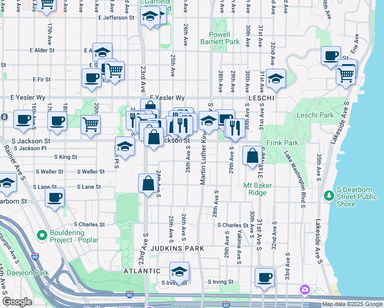 map of restaurants, bars, coffee shops, grocery stores, and more near 2615 South King Street in Seattle