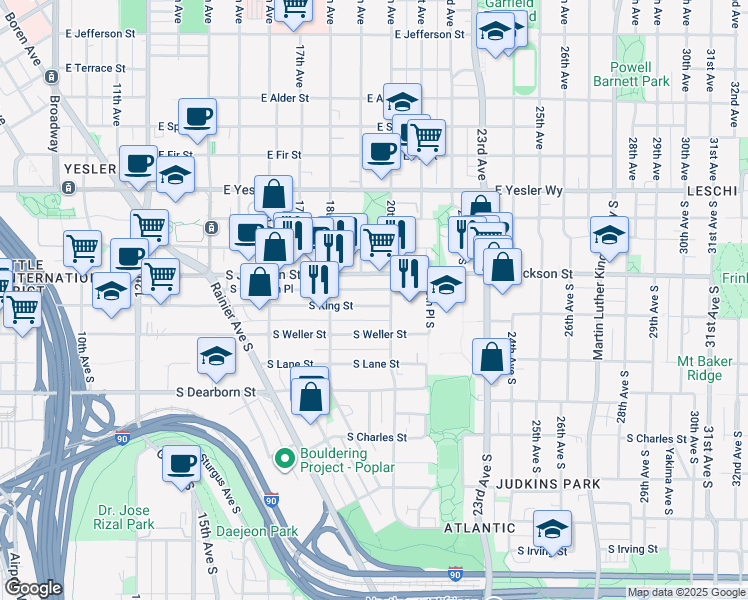 map of restaurants, bars, coffee shops, grocery stores, and more near 1847 South King Street in Seattle