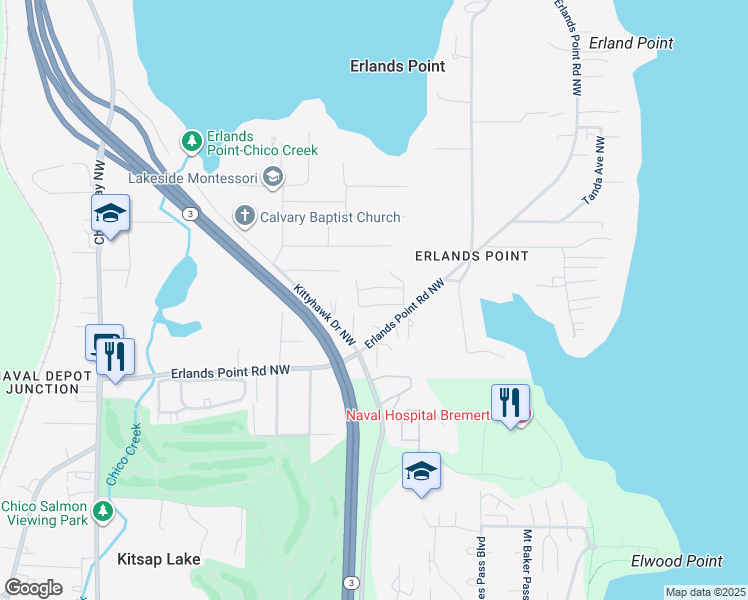 map of restaurants, bars, coffee shops, grocery stores, and more near 2820 Erlands Point Road Northwest in Bremerton